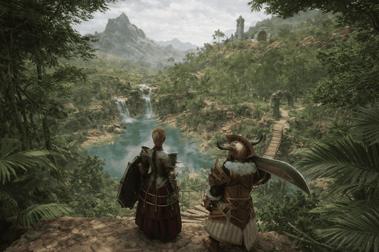 Enshrouded Co-Op Experience with two players standing above a lush valley, highlighting exploration, shared adventure, and the beauty of the world.