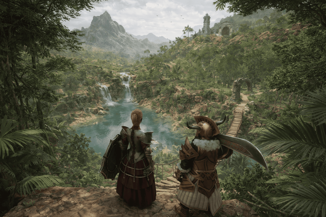 Two players exploring a jungle valley together in Enshrouded co-op, overlooking a river, ruins, and distant mountains