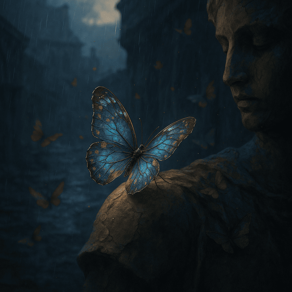 Blue and gold butterfly on a cracked statue in Expedition 33, symbolizing memory, fragility, and hope