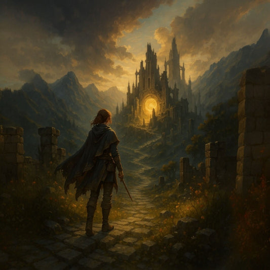 A lone adventurer stands before a mystical castle at sunset, embodying the RPG aesthetic of exploration and adventure.
