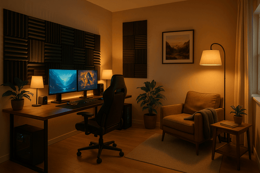 Modern gamer room with balanced lighting, plants, and ergonomic setup, blending performance with relaxation.