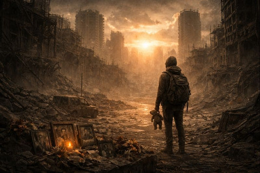 Post-apocalyptic landscape with a lone survivor in silence, symbolizing gamified grief, loss, memory, and emotional legacy after the collapse