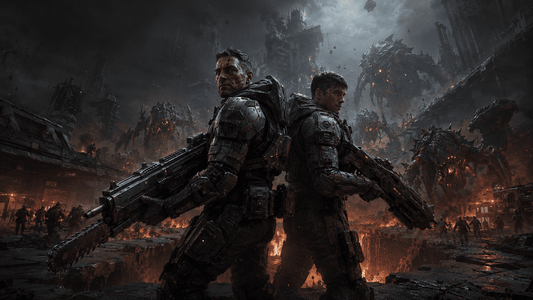Two armored soldiers face monstrous creatures emerging from a ruined city during Gears of War: E-Day.