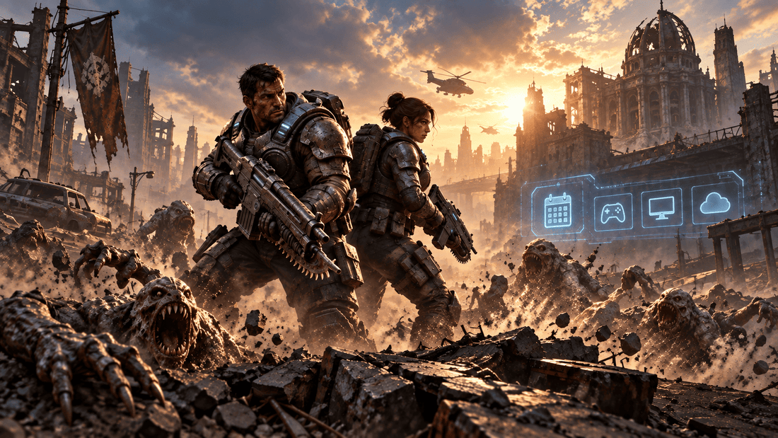 Armored soldiers fighting creatures in a ruined city, representing the Gears of War E-Day release date, Game Pass and platforms.