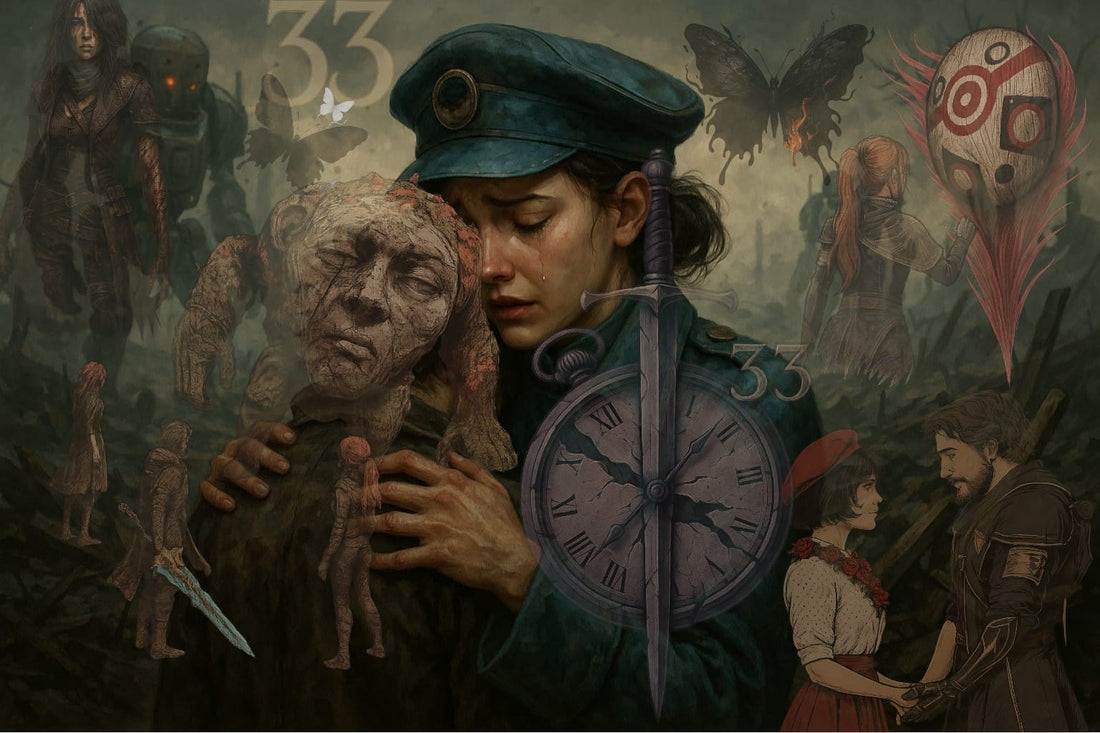 Artwork inspired by Clair Obscur Expedition 33 showing a grieving character holding a fragmented figure surrounded by symbolic elements like butterflies, masks and clocks representing memory and loss