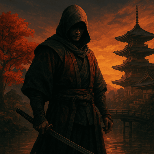 A hooded assassin holding a katana at sunset beside a Japanese temple and arched bridge, with warm orange light illuminating the scene.