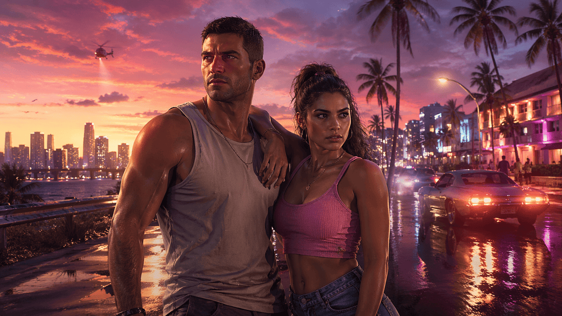 Jason and Lucia in GTA 6 standing together on a neon-lit Leonida street at sunset
