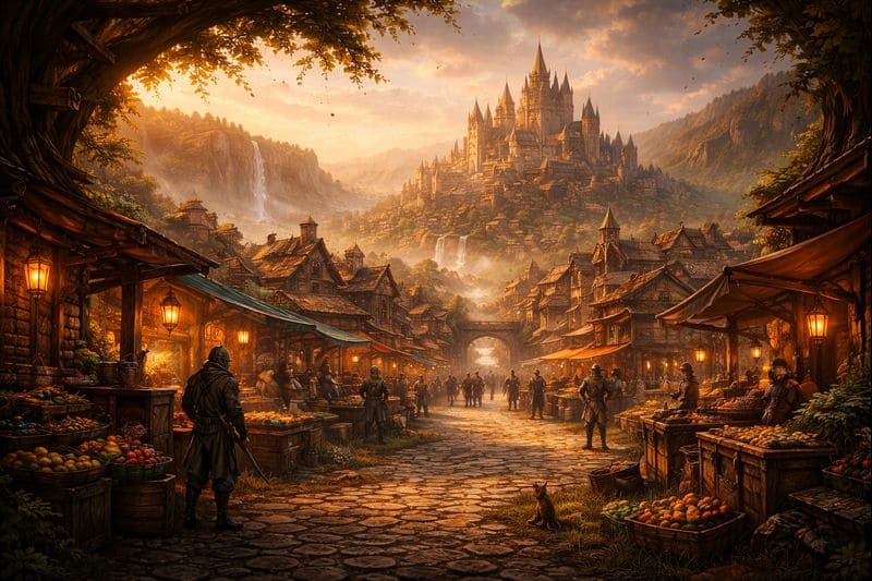 Fantasy game city at dusk with a lively medieval market street leading toward a castle, illustrating a richly detailed and immersive game universe.