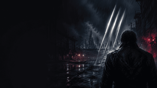 Marvels Wolverine Game inspired mutant warrior with three metal claws in a rain-soaked city at night