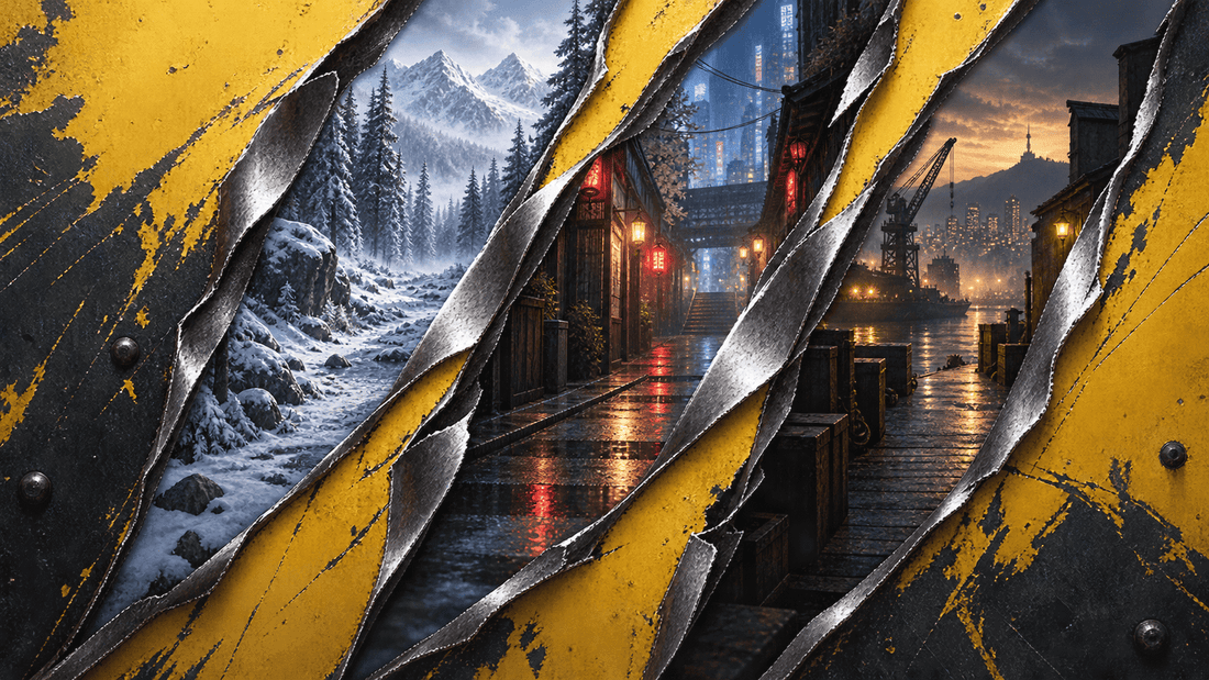 Illustration inspired by Marvels Wolverine, with three claw marks revealing a snowy forest, a neon-lit street and a harbor.