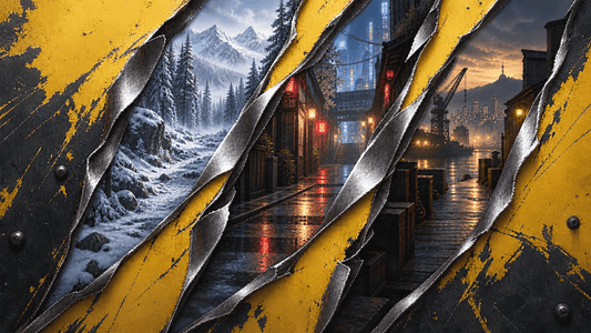 Illustration inspired by Marvels Wolverine, with three claw marks revealing a snowy forest, a neon-lit street and a harbor.