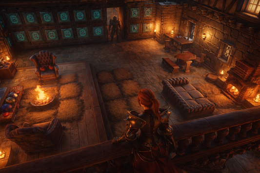Female warrior standing on a wooden balcony overlooking a cozy medieval stone hall illuminated by firelight and glowing rune panels.