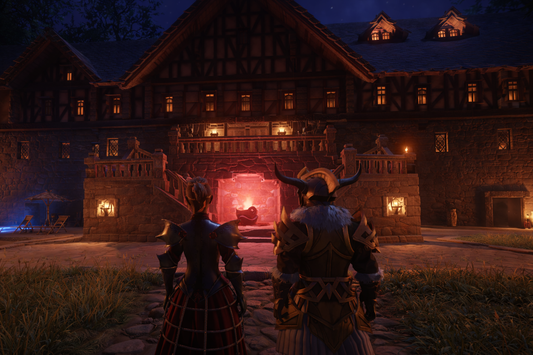 Two armored warriors standing at night in front of a medieval stone castle illuminated by a glowing red portal and warm firelight.