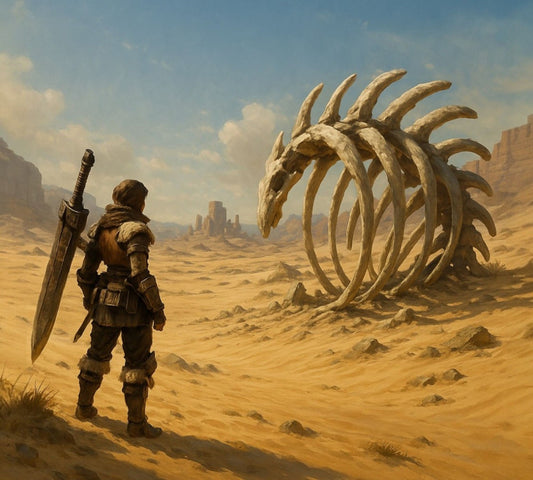 Hunter in Monster Hunter Wilds standing beside massive fossilized ribcage in a desert, with ancient ruins in the distance.