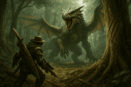 A realistic digital painting of a hunter tracking a massive wyvern in a lush forest, with subtle environmental clues like claw marks and broken branches visible in the scene.