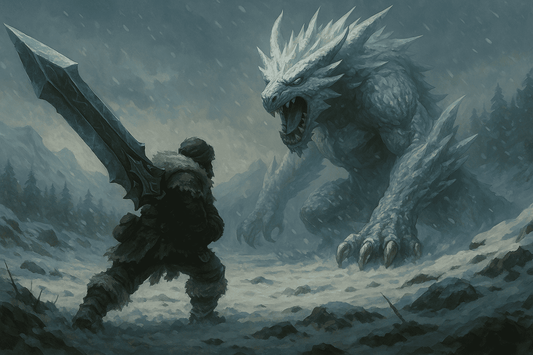 A hunter faces a massive ice monster wielding a large sword in a snowy landscape, showcasing epic battle themes.