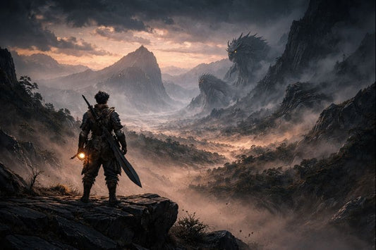 Monster Hunter Wilds teaser-inspired scene showing a lone hunter facing a vast hostile landscape and looming creatures, symbolizing anticipation and survival