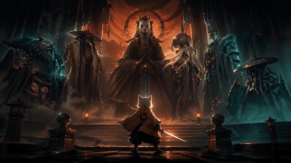 Nine Sols bosses ranked by difficulty and impact featured image showing a lone warrior facing a council of imposing figures in a dark mystical setting inspired by New Kunlun