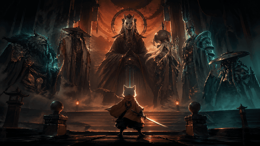 Nine Sols bosses ranked by difficulty and impact featured image showing a lone warrior facing a council of imposing figures in a dark mystical setting inspired by New Kunlun