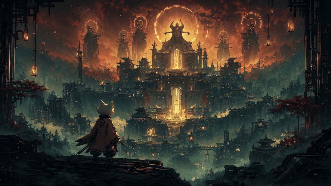 Nine Sols Lore Explained: Yi, New Kunlun and the 9 Sols featured image showing a lone warrior overlooking the mystical city of New Kunlun beneath towering Sol figures and a dramatic Taopunk sky