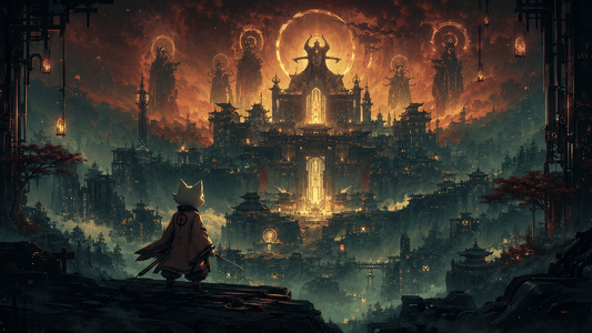 Nine Sols Lore Explained: Yi, New Kunlun and the 9 Sols featured image showing a lone warrior overlooking the mystical city of New Kunlun beneath towering Sol figures and a dramatic Taopunk sky