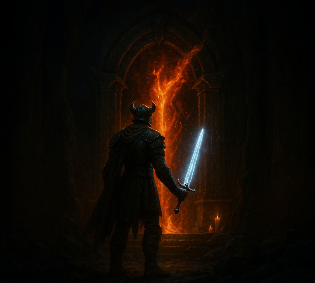 Hero of Cyrodiil holding a glowing sword before a Daedric altar surrounded by fire and shadow, symbolizing power and choice in Oblivion Remastered.
