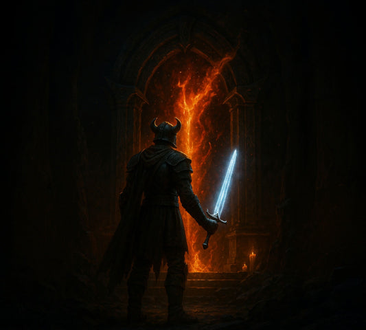 Hero of Cyrodiil holding a glowing sword before a Daedric altar surrounded by fire and shadow, symbolizing power and choice in Oblivion Remastered.