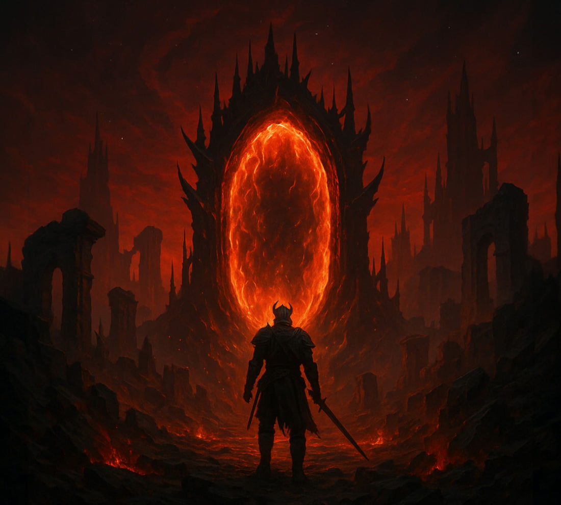 Hero of Cyrodiil standing before a massive fiery Oblivion Gate surrounded by ruins and crimson skies, symbolizing the beauty and horror of the Daedric realms.
