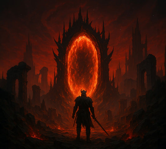 Hero of Cyrodiil standing before a massive fiery Oblivion Gate surrounded by ruins and crimson skies, symbolizing the beauty and horror of the Daedric realms.