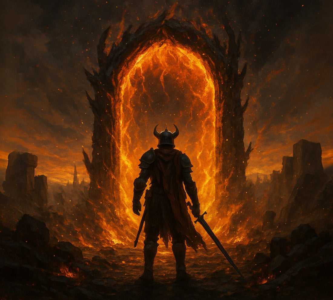 Hero of Cyrodiil standing before a massive flaming Oblivion gate, surrounded by fire, ash, and golden light.