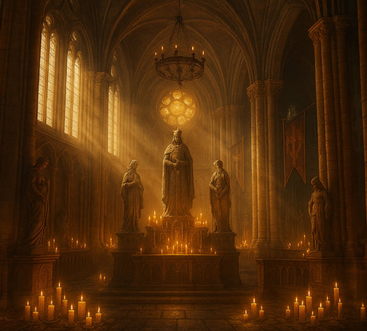 Golden sunlight illuminating statues of the Nine Divines inside the Chapel of Akatosh, surrounded by candles and stained glass windows.