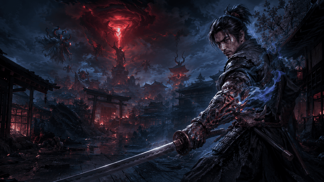 Miyamoto Musashi wielding the Oni Gauntlet in a corrupted Kyoto in Onimusha: Way of the Sword