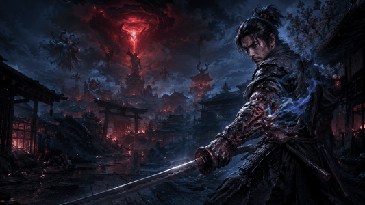 Miyamoto Musashi wielding the Oni Gauntlet in a corrupted Kyoto in Onimusha: Way of the Sword