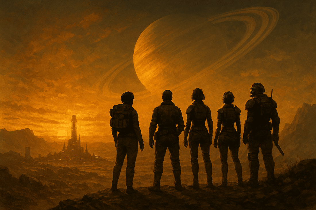 Four Outer Worlds 2 companions standing in a futuristic spaceship hangar with neon lights and a towering ringed planet visible through the open bay doors, representing their emotional journey and unity.