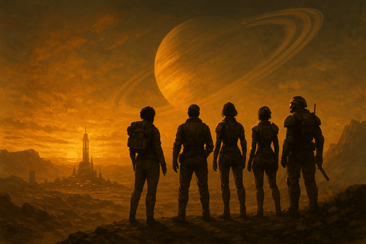 Four Outer Worlds 2 companions standing in a futuristic spaceship hangar with neon lights and a towering ringed planet visible through the open bay doors, representing their emotional journey and unity.