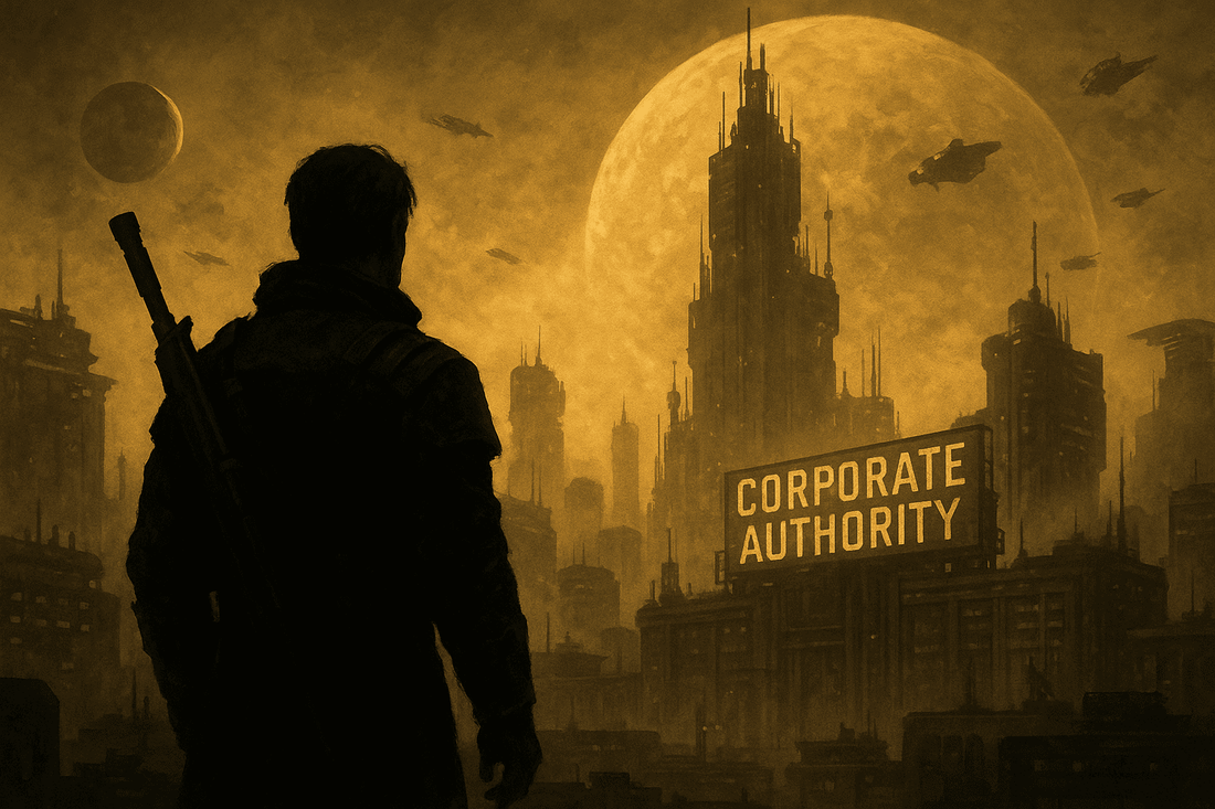 A lone figure overlooking a dystopian sci-fi city dominated by a giant “Corporate Authority” tower under a massive planet, representing the corporate-controlled world of The Outer Worlds 2.