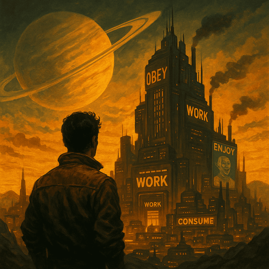 A lone figure standing on an alien landscape facing a futuristic city with neon lights under a giant planet, symbolizing the story themes of freedom, satire and humanity in The Outer Worlds 2.