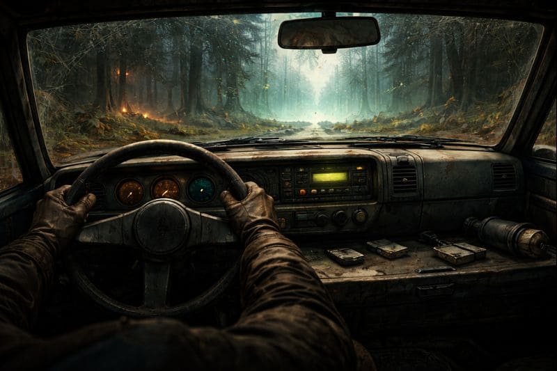 First-person view from inside a damaged car driving through the foggy forest of Pacific Drive, highlighting the car as an emotional companion and safe space