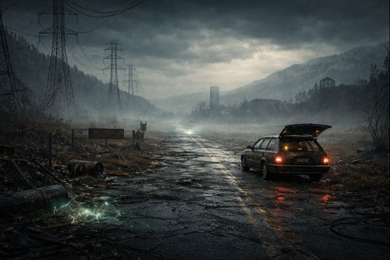 Abandoned road and unstable landscape in Pacific Drive’s exclusion zone, showing how the environment itself tells the story through decay, distance, and silence