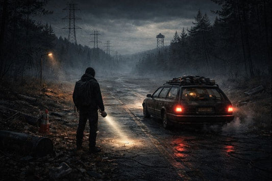 Lone driver standing beside a station wagon on an abandoned road in Pacific Drive, capturing the feeling of isolation, silence, and emotional loneliness in the Zone