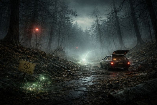 Foggy forest road in Pacific Drive filled with eerie anomalies and unstable terrain, capturing the psychological horror and constant sense of unease without visible enemies