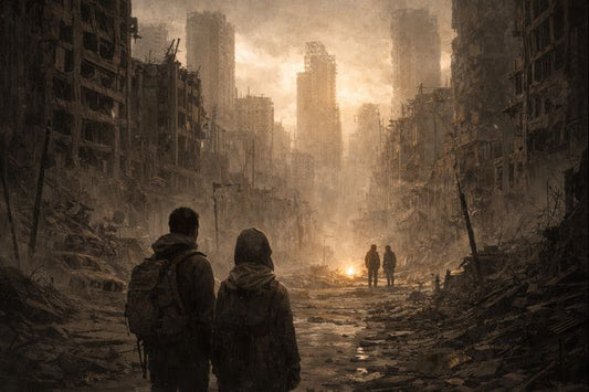 Post-apocalyptic city ruins with survivors facing each other across a devastated street, symbolizing fragile trust, survival, and human connection after collapse