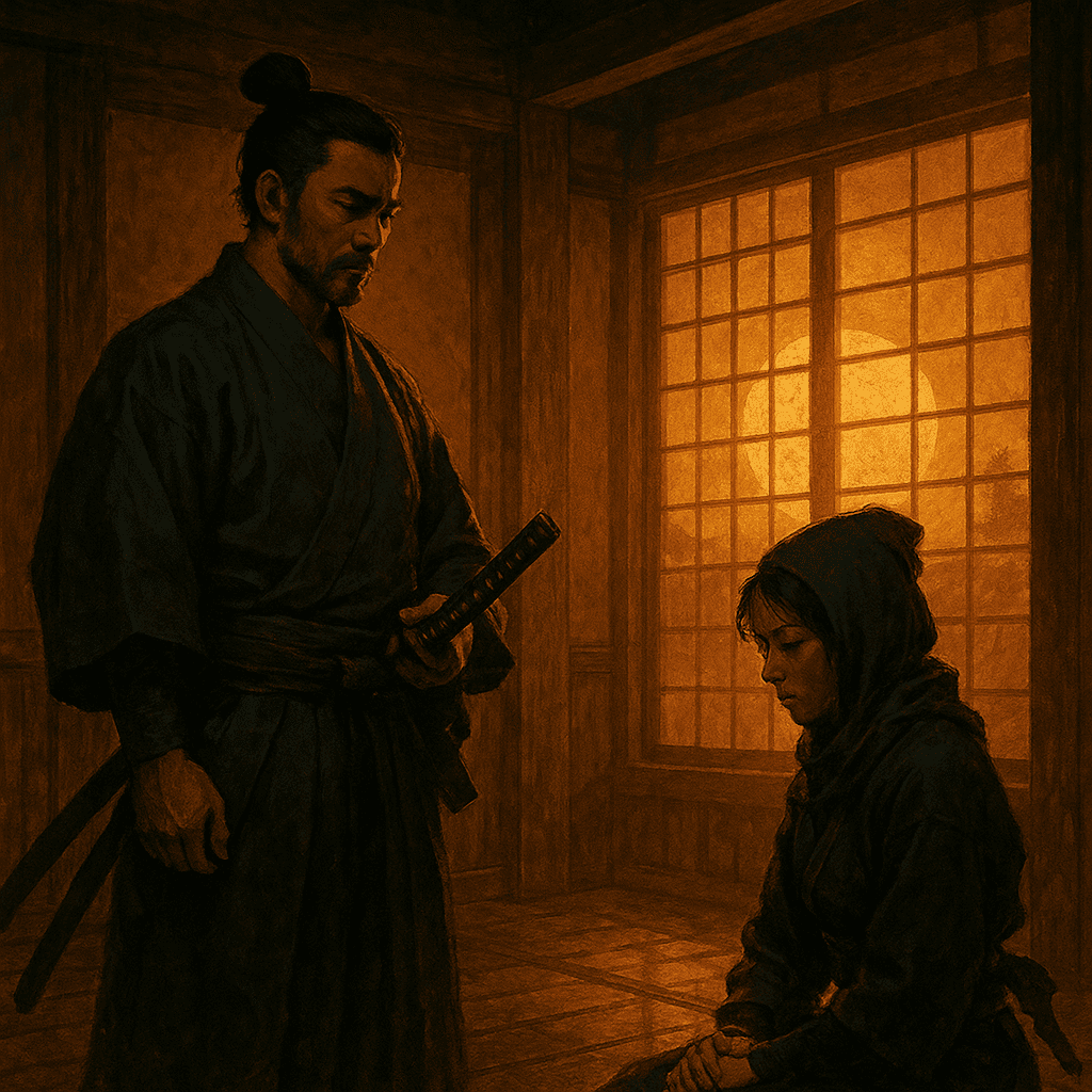 A samurai standing in a wooden room at sunset while a kneeling kunoichi sits in the warm glow of a shoji screen, creating an emotional and dramatic scene.