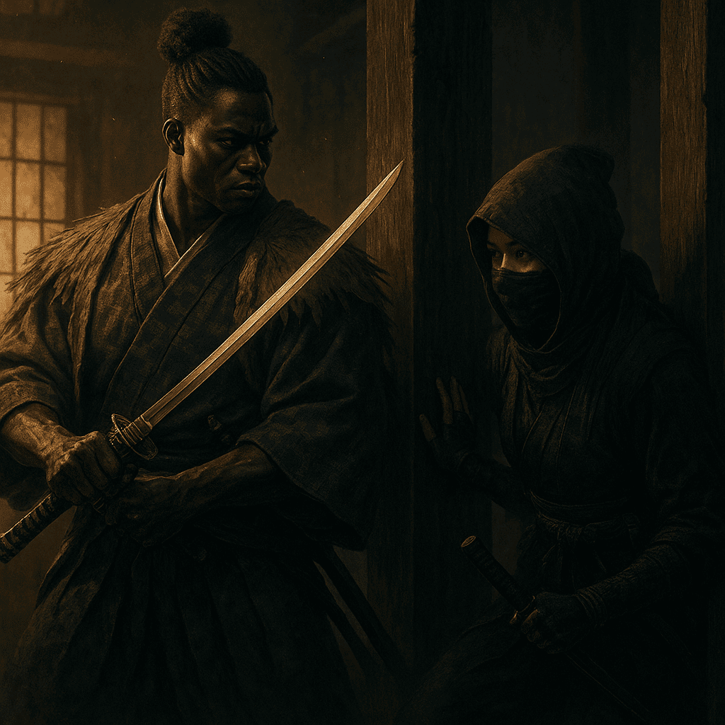A samurai gripping a katana inside a dim wooden room while a kunoichi hides in the shadows behind a pillar, lit by warm shoji screen light.