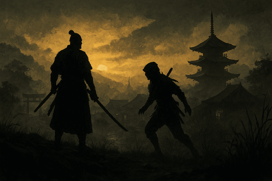 Samurai and shinobi silhouettes standing on a hill at sunset overlooking a misty feudal Japanese village with a pagoda in the background.