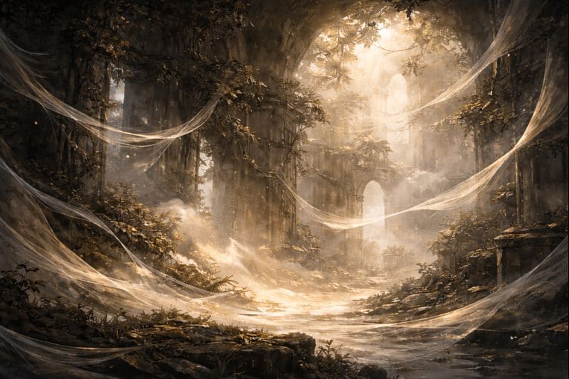 Atmospheric fantasy ruins inspired by Silksong, with flowing silk-like strands and soft golden light, evoking hidden lore, forgotten melodies, and echoes of Hallownest