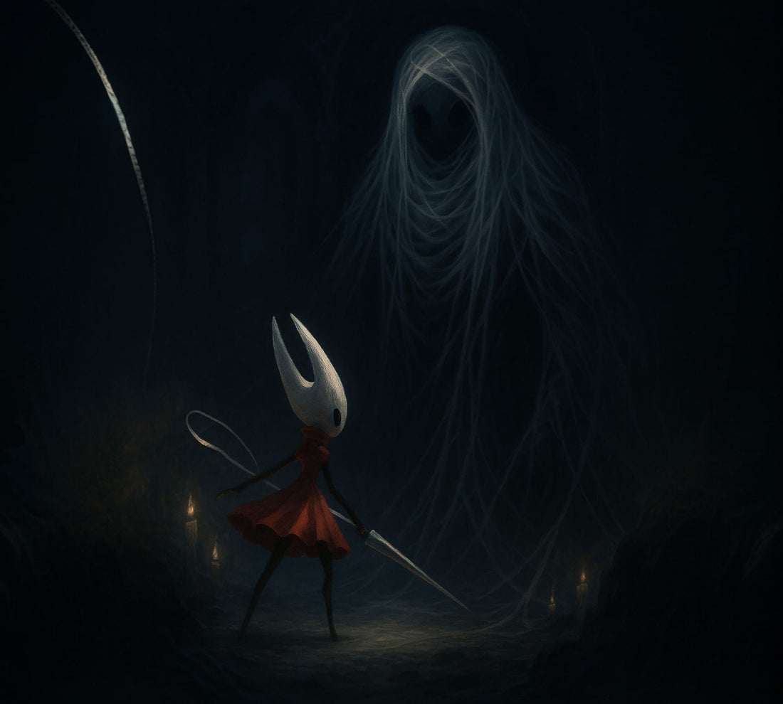 Hornet from Silksong facing a massive silk-covered boss in a dark arena, surrounded by glowing threads and candlelight.