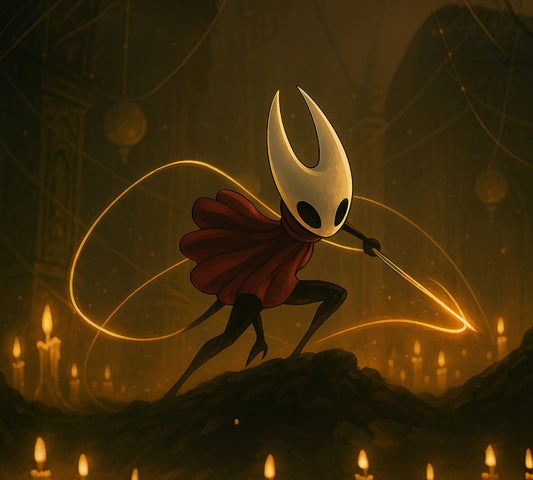 Hornet from Silksong wielding her needle surrounded by glowing silk energy, ready for combat inside Pharloom’s candlelit ruins.