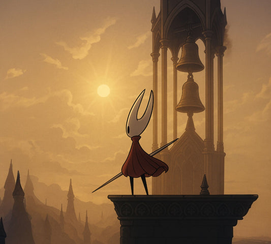 Hornet from Silksong standing atop Pharloom’s bell tower at sunrise, golden light shining on silk threads and distant bells.