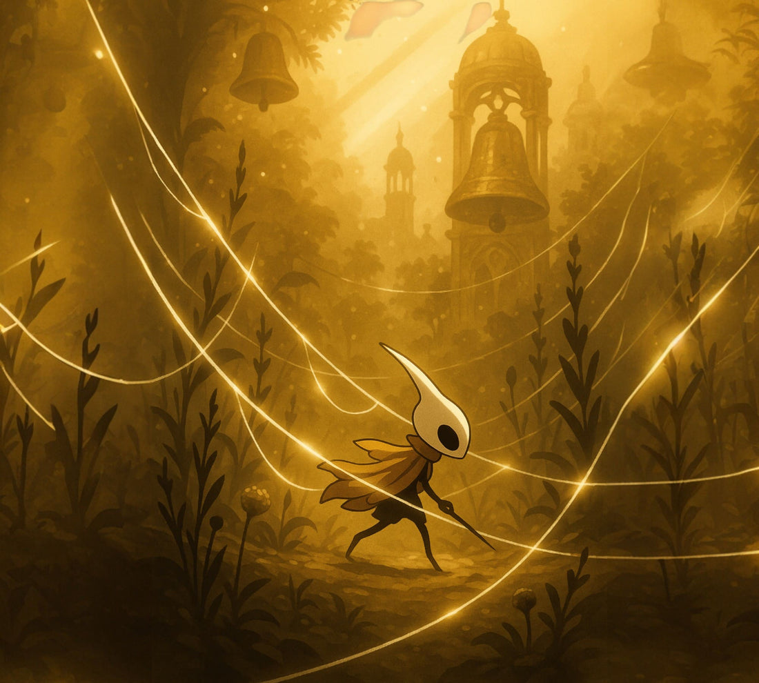 Golden bell towers and silk bridges of Pharloom glowing in candlelight, representing the living world of Silksong.